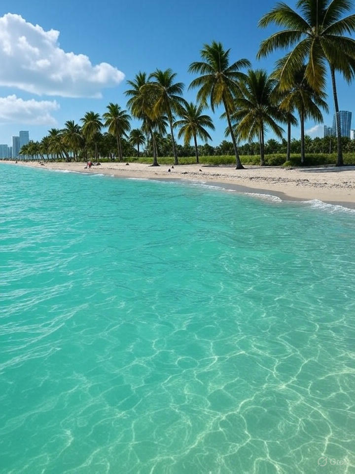Miami beach with turquoise waters and palm trees